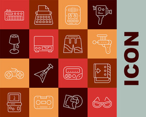Set line Glasses, Sound mixer controller, Ray gun, Cassette tape player, Old video cassette, Floor lamp, Music synthesizer and Short pants icon. Vector