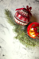 Christmas toys on the Christmas tree on a green background