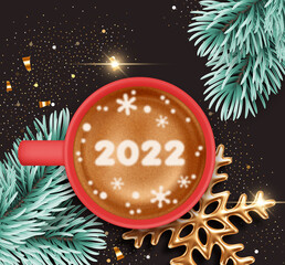Coffee cup with gold snowflakes and spruce branches. Background for greeting card, invitation or advertise