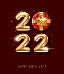 2022 New Year card template with gift box and glittering numbers