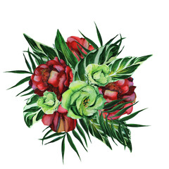 Peonies and roses bouquet watercolor isolated