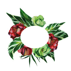 Peonies and roses wreath for invitation, text, wedding decor and design