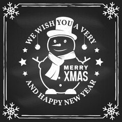 Wish you a very Merry Christmas and Happy New Year stamp, sticker, patch with star, christmas snowman, christmas ball. Vector on the chalkboard Vintage design for xmas, new year emblem in retro style.