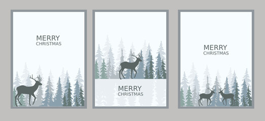 Christmas, tree, deer, poster, postcard, New Year, forest, winter, holiday, miracles, lights, vector 2022 snowflakes, balls,