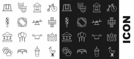 Set line Riding kid duck, Castle, Attraction carousel, Ticket box office, Corn dog, Swing and Seesaw icon. Vector