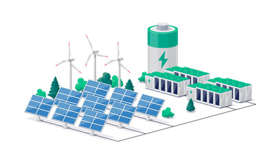 Smart future renewable green power plant with electric solar panel wind and li-ion electricity grid. Clean sustainable battery energy storage industry. Isolated vector illustration on white background - obrazy, fototapety, plakaty