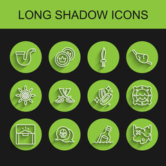 Set line Antique treasure chest, Skull, Smoking pipe, Bottle with message water, Pirate map, Crossed pirate swords, Ship porthole seascape and coin icon. Vector