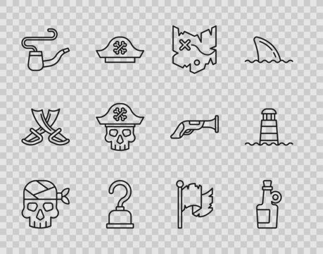 Set line Pirate captain, Alcohol drink Rum, treasure map, hook, Smoking pipe, flag and Lighthouse icon. Vector