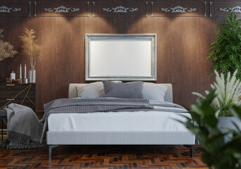 3D Mockup photo frame in Modern interior of bedroom