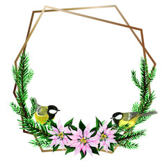 Christmas watercolour wreath, birds tit, Christmas tree, pink poinsettia. Hand drawn object, isolated on white.
