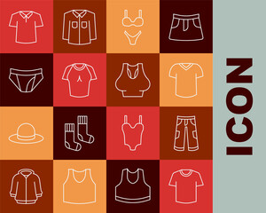 Set line T-shirt, Pants, Swimsuit, Men underpants, Shirt and Undershirt icon. Vector