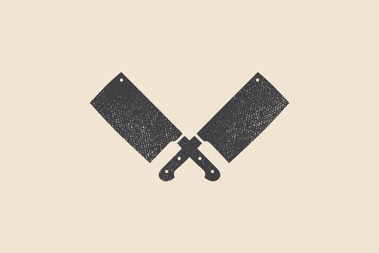 Silhouette vector illustration of two crossed knives on a light isolated background. Design element for shop, market, packaging, labels and logo. Vector illustration.