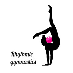 Rhythmic gymnastics logo, Lala Kramarenko pink ball, black silhouette white background