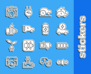 Set line Electric motor, Battery charge, car, service, with recycle symbol and icon. Vector