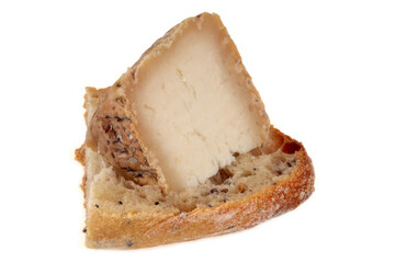 Fromage de brebis Corse sur un morceau de pain en gros plan sur fond blanc