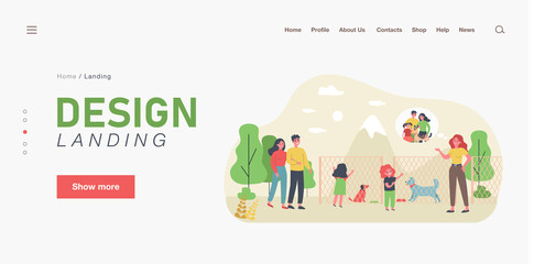 Happy family choosing dog in animal shelter. Fence, friend, mammal flat vector illustration. Pets and animal adoption concept for banner, website design or landing web page