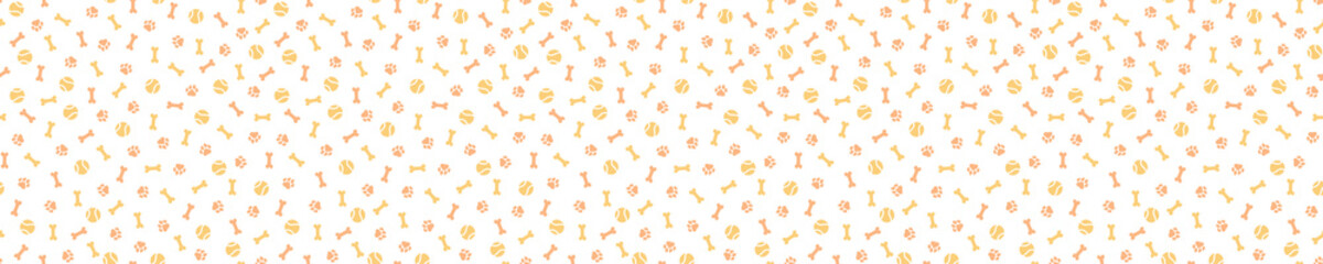 Seamless pattern with pink and orange paws, bones and balls