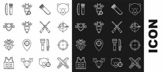 Set line Crossed hunter knife, Target sport for shooting competition, Hunt duck with crosshairs, Quiver arrows, Deer head antlers, shield, Bow and quiver and Two crossed shotguns icon. Vector