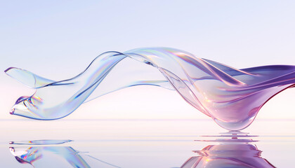 3d render abstract background in nature landscape. Transparent glossy glass ribbon on water. Holographic curved wave in motion. Purple gradient design element for banner background, wallpaper.