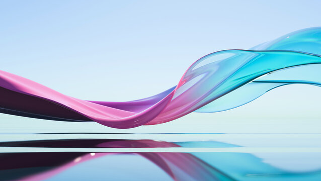 3d render abstract background in nature landscape. Transparent glossy curved glass ribbon on water. Blue and purple gradient wave in motion. Iridescent design element for banner background, wallpaper.
