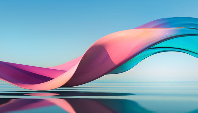 Abstract 3d render. Glass ribbon on water. Holographic shape in motion. Iridescent gradient digital art for banner background, wallpaper. Transparent 
glossy design element flying in seascape. 