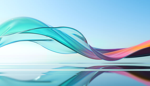 Abstract 3d render. Glass ribbon on water. Holographic shape in motion. Iridescent gradient digital art for banner background, wallpaper. Transparent 
glossy design element flying in seascape. 