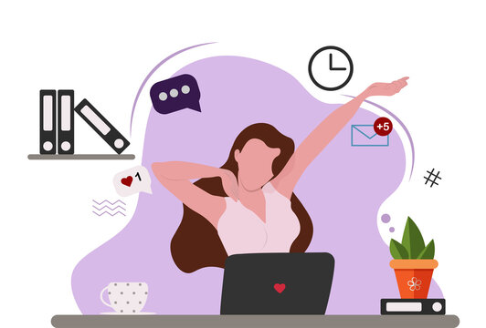 Young woman sitting at desk with laptop taking rest and stretching herself. Female office worker or clerk having short break during work at computer. Vector illustration in flat cartoon style.