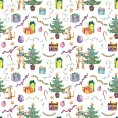 Watercolor seamless pattern with Christmas elements: tigers, gifts, christmas balls, garlands, Christmas tree.  Symbol of the new year.