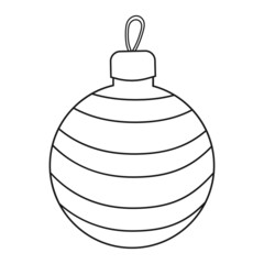 Colorless cartoon Christmas tree toy. Black and white template page for coloring book with new year decoration. New year Ball with ornaments. Practice worksheet or Anti-stress coloring page for kids.