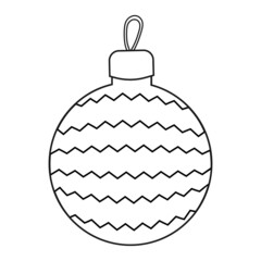 Colorless cartoon Christmas Ball. Black and white template page for coloring book with new year decoration. New year tree toy with ornaments. Practice worksheet or Anti-stress coloring page for kids.