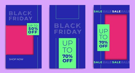 Blue Set of black Friday 2021 sale post social media pack template premium poster vector. Black Friday sale label template design for banner, idea, cover, booklet, print, flyer, card, poster, badge