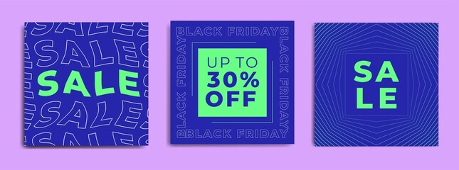 Blue Set of black Friday 2021 sale post social media pack template premium poster vector. Black Friday sale label template design for banner, idea, cover, booklet, print, flyer, card, poster, badge