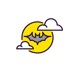  Halloween bat silhouette flying agains the moon. Pixel perfect, editable stroke colorful line art icon