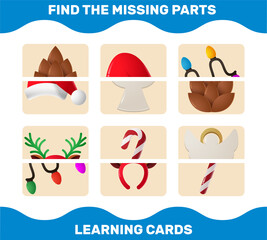 Match cartoon christmas parts. Matching game. Educational game for pre shool years kids and toddlers