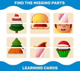 Match cartoon christmas parts. Matching game. Educational game for pre shool years kids and toddlers