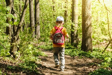 Naklejka na ściany i meble backpack child hiking summer green. play.