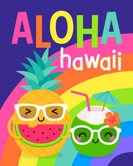 Naklejka premium Cute cartoon pineapple and coconut illustration design for summer holidays concept.