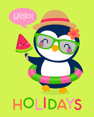 Cute penguin holding popsicle cartoon illustration for summer holidays concept.