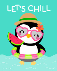 Cute penguin holding a sliced watermelon cartoon illustration for summer holidays concept.