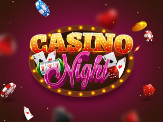 3D Casino Night Text On Marquee Oval Frame With Slot Machine, Playing Cards, Poker Chips And Golden Coins Decorated Pink Background.