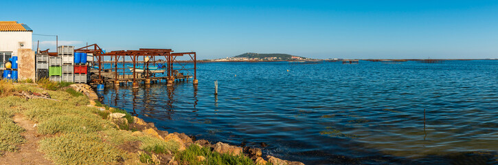 Panorama of an oyster farm on the Thau lagoon and Mont Saint Clair in the background, in Occitanie, France