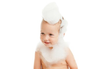 Bathroom clean child with foam,  bathtub.