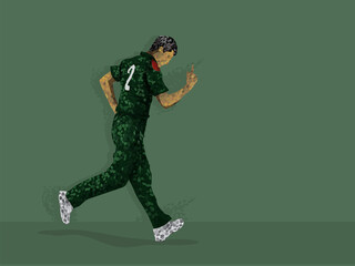 Bangladesh Cricket Player Raising Index Finger In Irregular Dots Effect And Copy Space On Green Background.