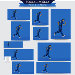 Social Media Posts And Header Design Set With Irregular Dots Effect Indian Cricket Player Running On Blue Background And Copy Space.