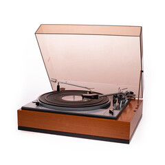 Vintage record player on white background