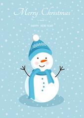 Snowman in hat, scarf under the snow for postcards, posters, banners. Vector illustration of Merry Christmas and New Year.