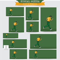 Fototapeta premium Social Media Posts And Header Set With South Africa Cricket Bowler Player On Green Background And Copy Space.