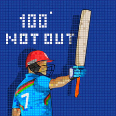 Afghanistan Cricket Batter Player And 100 Not Out Text On Blue Grid Background.