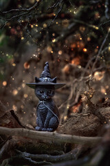black cat toy in witch hat, dark mystery autumn dark background. black cat - symbol of witchcraft, samhain sabbat and Halloween holiday. fall season - obrazy, fototapety, plakaty