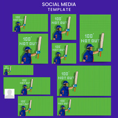 Social Media Template Or Post Set With 100 Not Out Text And India Cricket Batter Player On Green Grid Background.